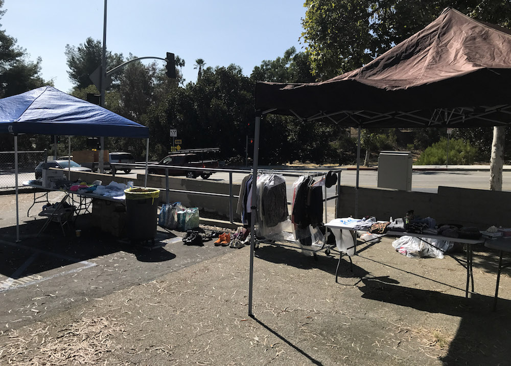 Clothing, food, and necessity donations at the Sept. 19 shower event on Figueroa Street in Los Angeles, CA.
