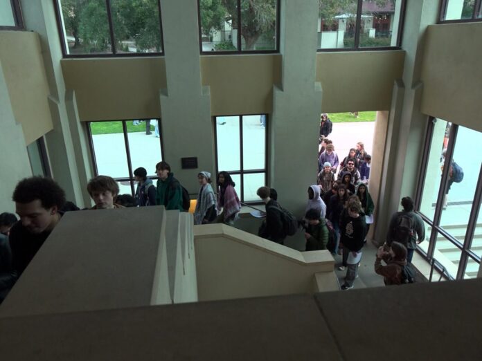 Protesters enter the Johnson Student Center at Occidental College in Los Angeles. March 6, 2024. James Miller/The Occidental